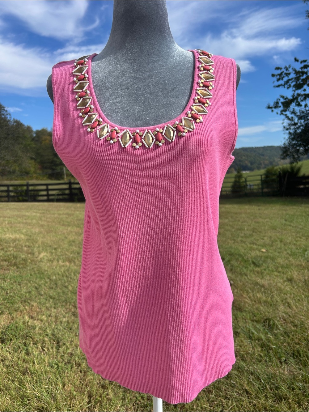 Ruby Rd. Woman Pink Ribbed Knit Tank Top Embellished Neck Plus Size 1X